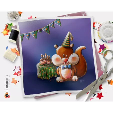 Coupon tissu illustré Ecureuil anniversaire coton ou minky