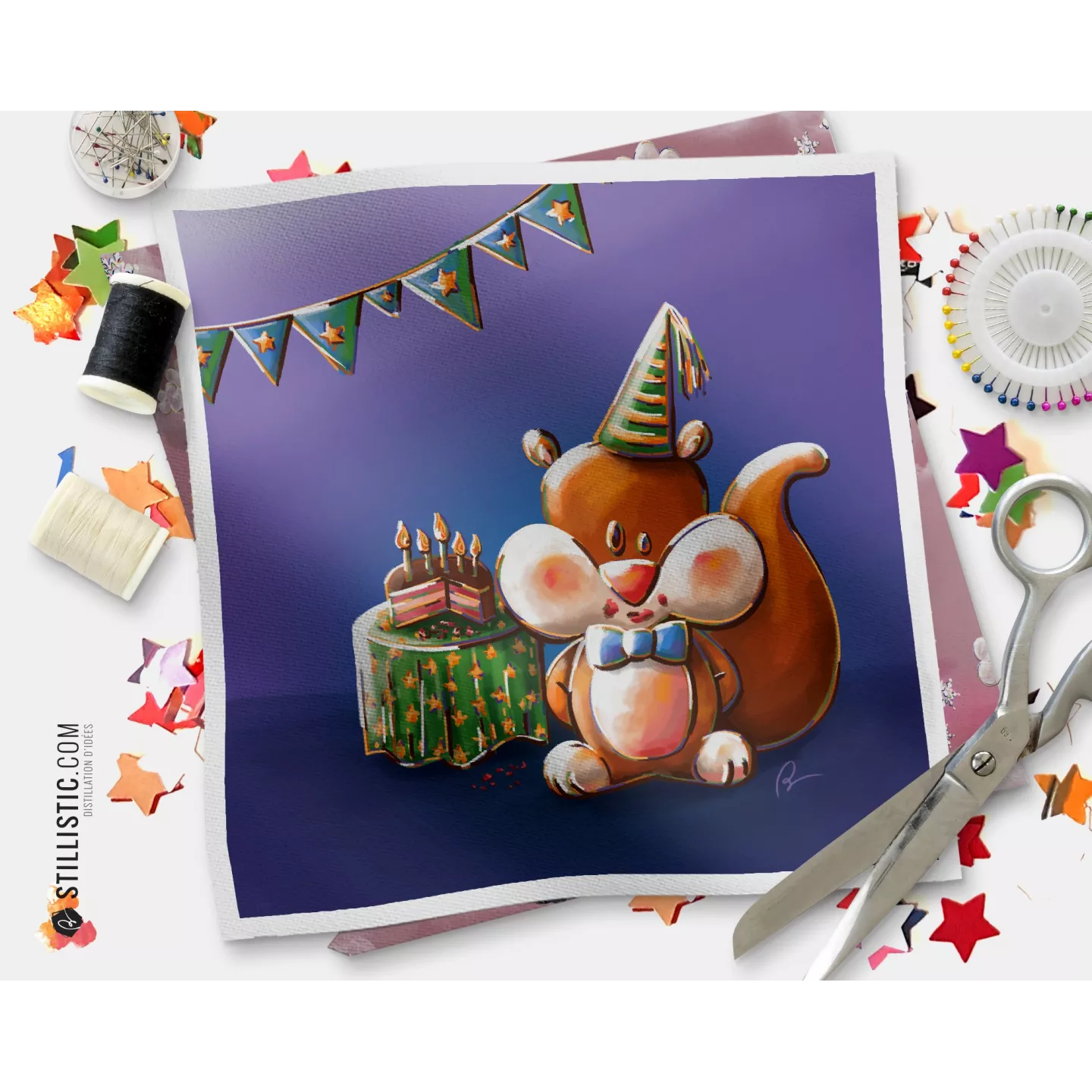 Coupon tissu illustré Ecureuil anniversaire coton ou minky