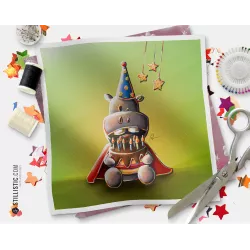 Coupon tissu illustré Hippopotame anniversaire coton ou minky