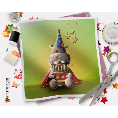 Coupon tissu illustré Hippopotame anniversaire coton ou minky