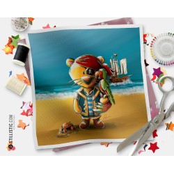 Coupon tissu illustré Lion pirate coton ou minky