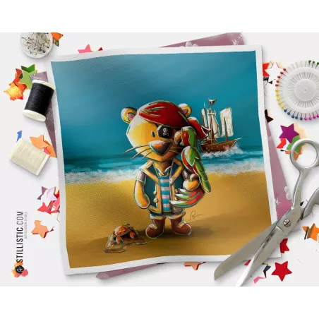 Coupon tissu illustré Lion pirate coton ou minky