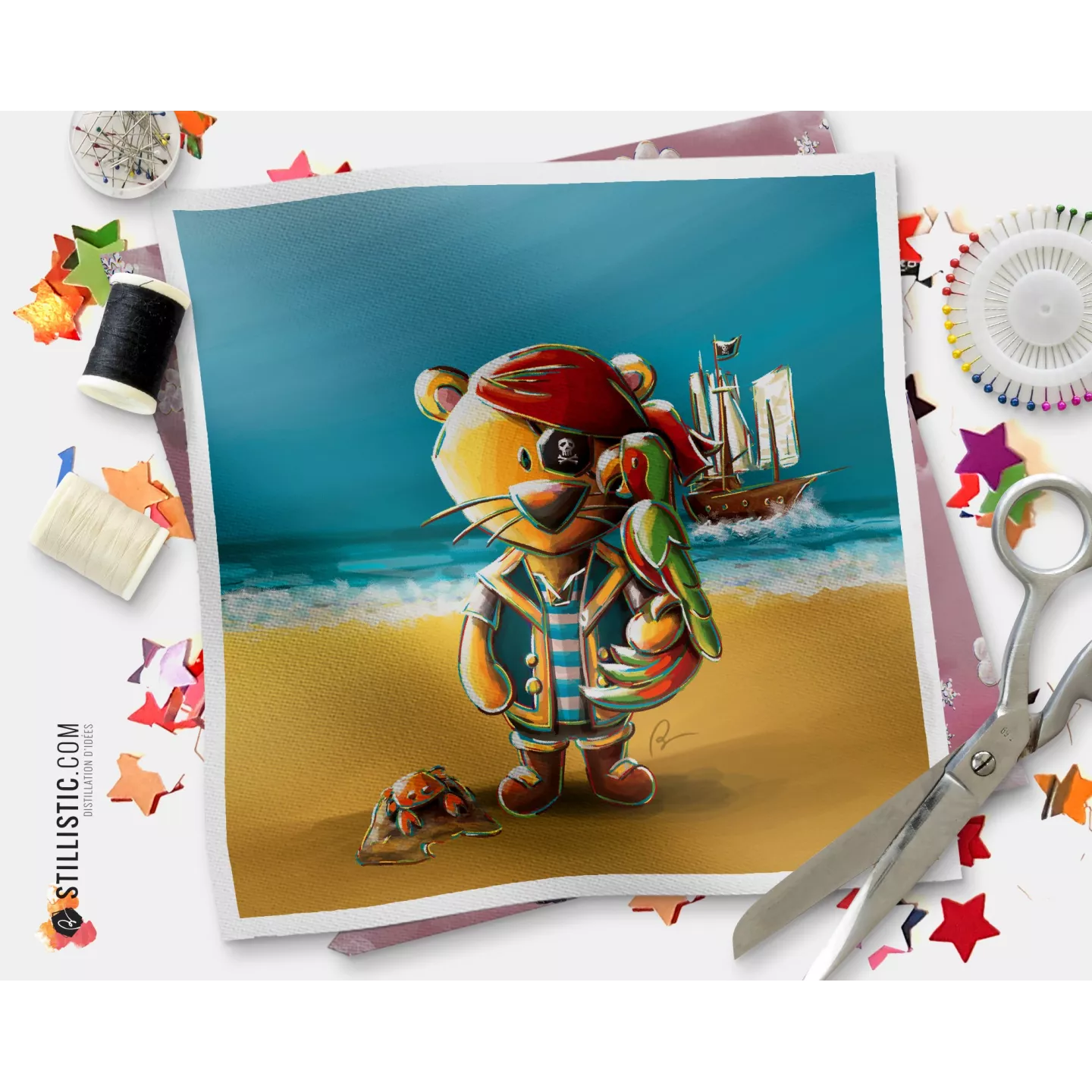 Coupon tissu illustré Lion pirate coton ou minky