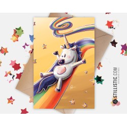 Carte de voeux papier 350g avec Illustration Originale  Licorne toboggan arc-en-ciel pour Amitié Anniversaire