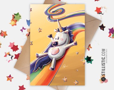 Carte de voeux papier 350g avec Illustration Originale  Licorne toboggan arc-en-ciel pour Amitié Anniversaire