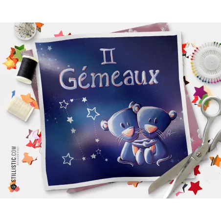 Coupon tissu illustré Astrologie Gémeaux coton ou minky