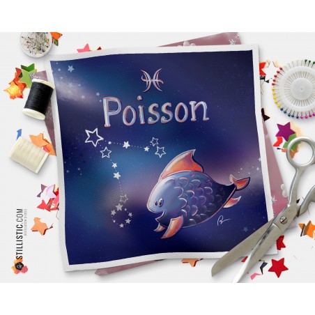 Coupon tissu illustré Astrologie Poisson coton ou minky