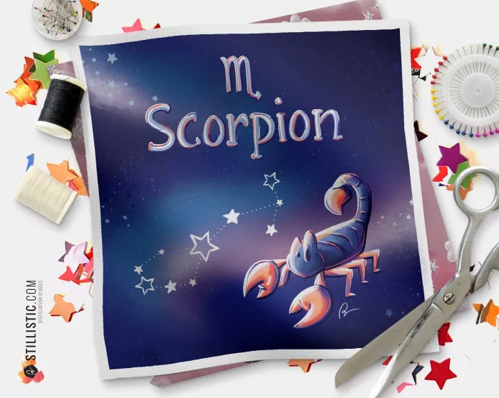 Coupon tissu illustré Astrologie Scorpion coton ou minky