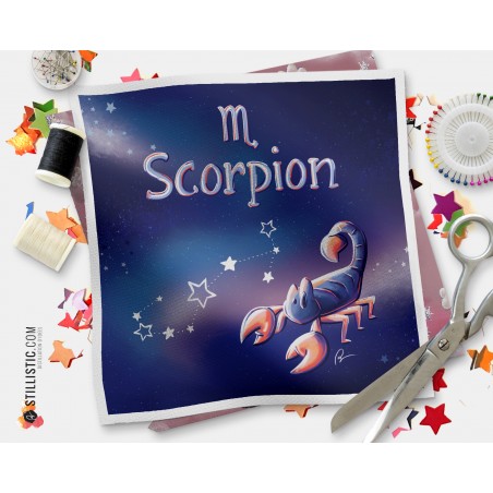 Coupon tissu illustré Astrologie Scorpion coton ou minky