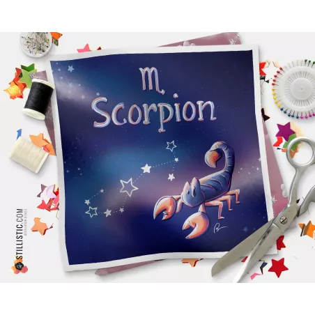 Coupon tissu illustré Astrologie Scorpion coton ou minky