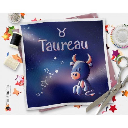 Coupon tissu illustré Astrologie Taureau coton ou minky