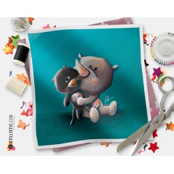 Coupon tissu illustré Rhinocéros et panthère coton ou minky