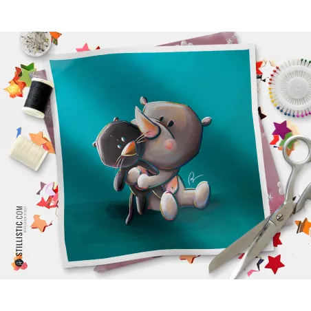 Coupon tissu illustré Rhinocéros et panthère coton ou minky