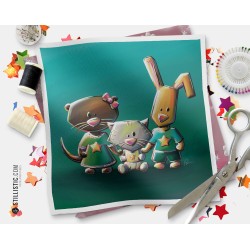 Coupon tissu illustré Famille Lapin loutre chat coton ou minky