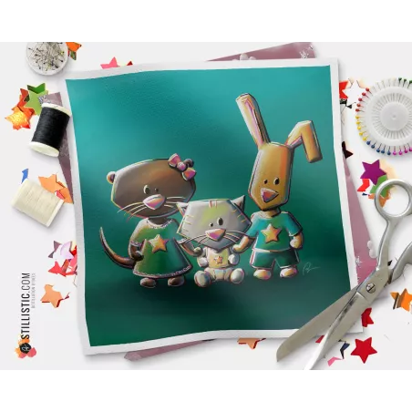 Coupon tissu illustré Famille Lapin loutre chat coton ou minky