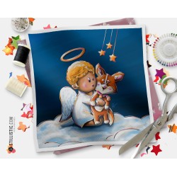 Coupon tissu illustré Noël Ange et corgi coton ou minky