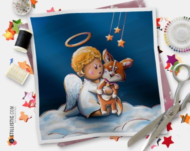 Coupon tissu illustré Noël Ange et corgi coton ou minky