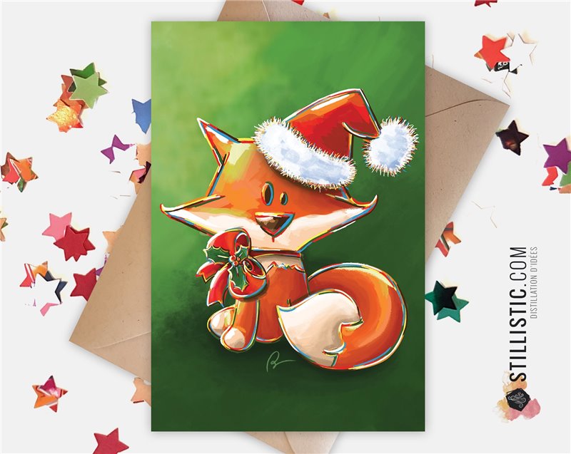 Carte de voeux papier 350g avec Illustration Originale Renard et bonnet de Noël pour Noël Nouvel An Fêtes de fin d'année