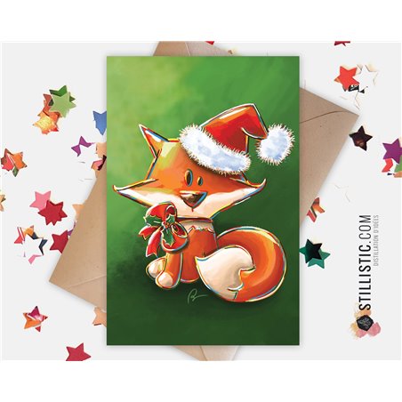 Carte de voeux papier 350g avec Illustration Originale Renard et bonnet de Noël pour Noël Nouvel An Fêtes de fin d'année