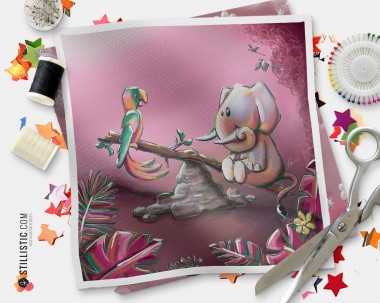 Coupon tissu illustré Jungle rose Eléphant Perroquet coton ou minky