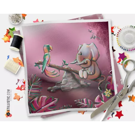 Coupon tissu illustré Jungle rose Eléphant Perroquet coton ou minky