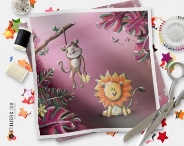 Coupon tissu illustré Jungle rose Singe Lion coton ou minky
