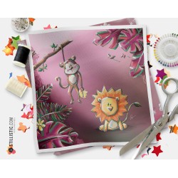 Coupon tissu illustré Jungle rose Singe Lion coton ou minky