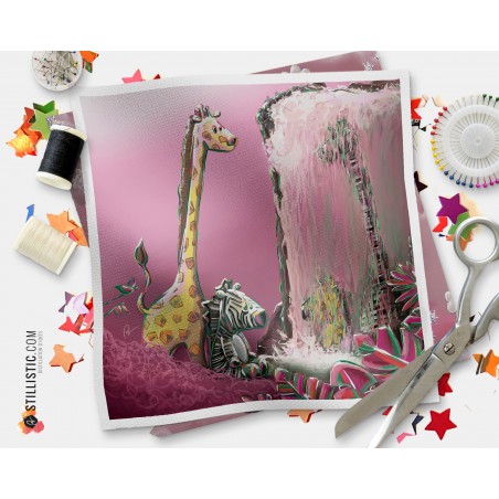 Coupon tissu illustré Jungle rose Girafe Zèbre coton ou minky
