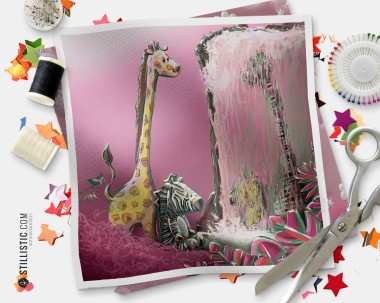 Coupon tissu illustré Jungle rose Girafe Zèbre coton ou minky