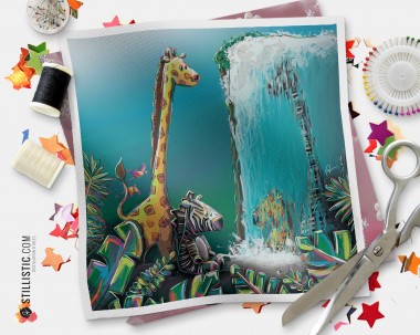 Coupon tissu illustré Jungle Girafe Zèbre coton ou minky