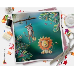 Coupon tissu illustré Jungle Singe Lion coton ou minky