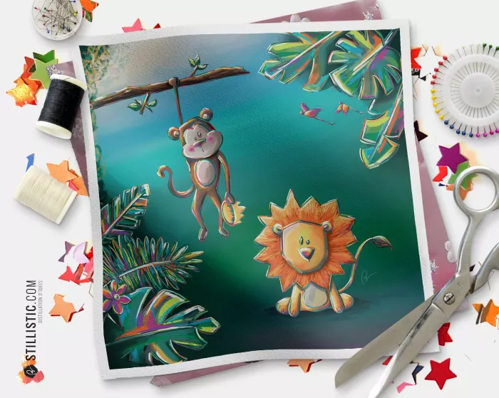 Coupon tissu illustré Jungle Singe Lion coton ou minky