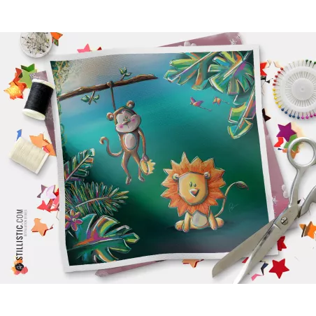 Coupon tissu illustré Jungle Singe Lion coton ou minky