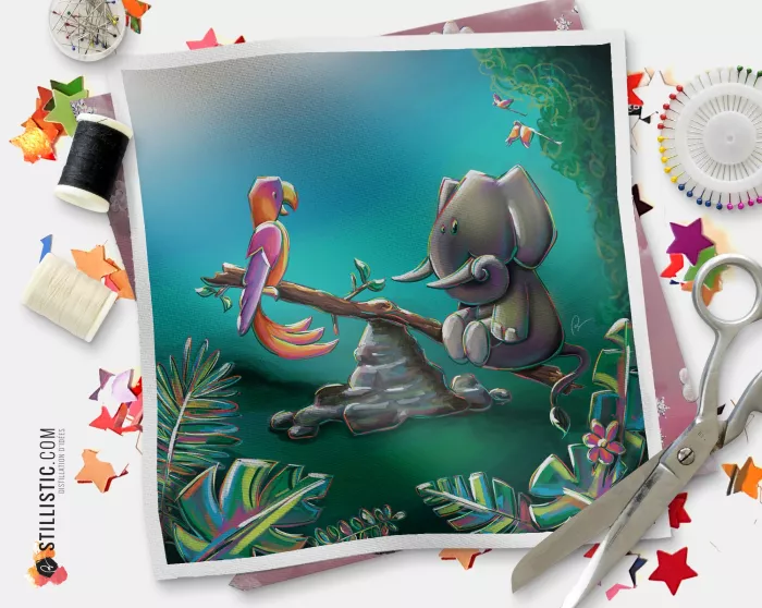 Coupon tissu illustré Jungle Eléphant Perroquet coton ou minky