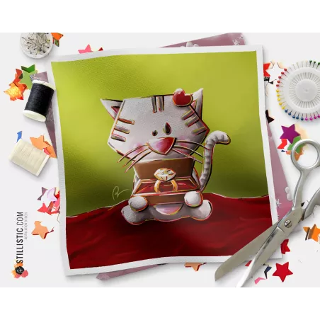 Coupon tissu illustré Chat bague coton ou minky