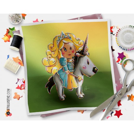 Coupon tissu illustré Princesse et licorne coton ou minky
