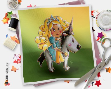 Coupon tissu illustré Princesse et licorne coton ou minky