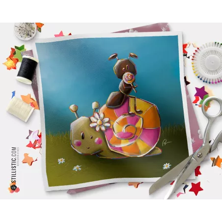 Coupon tissu illustré Escargot et fourmi coton ou minky