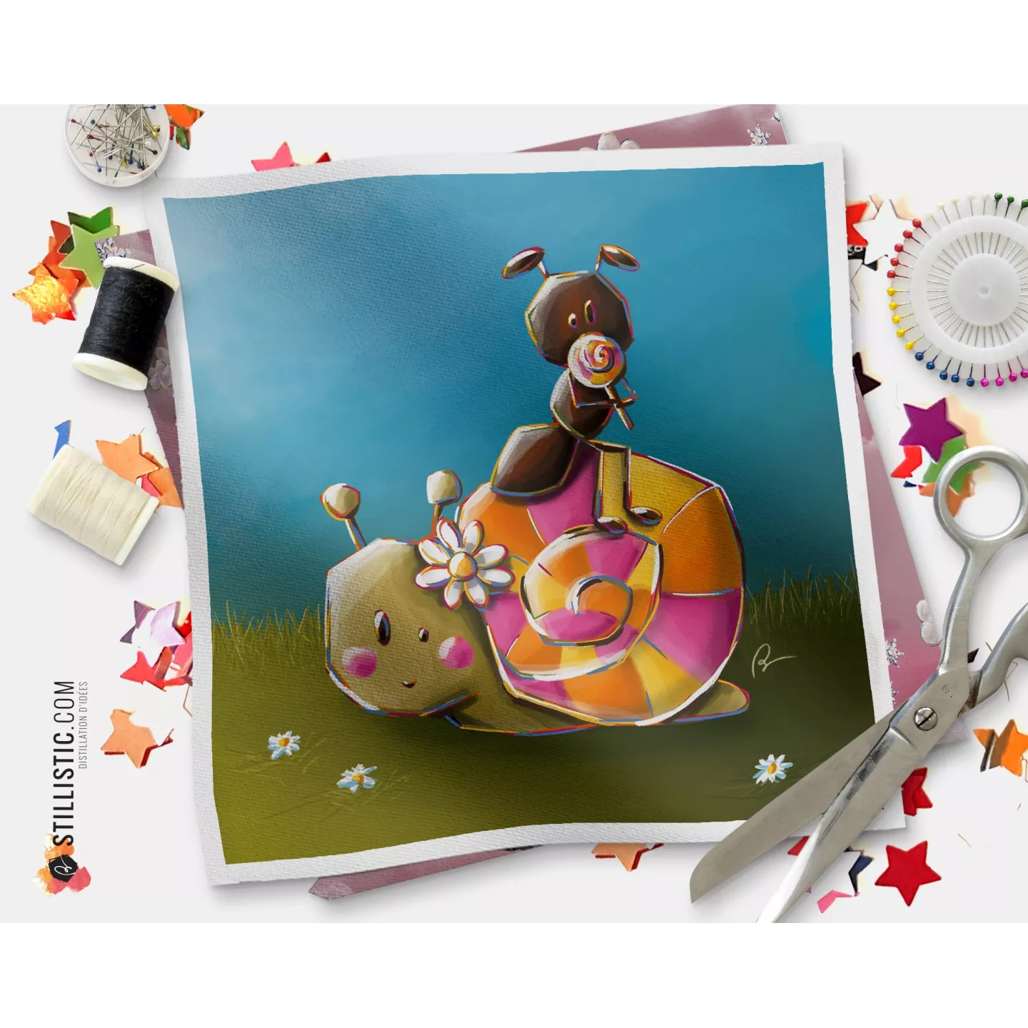 Coupon tissu illustré Escargot et fourmi coton ou minky