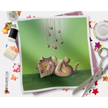 Coupon tissu illustré Chat étoiles coton ou minky