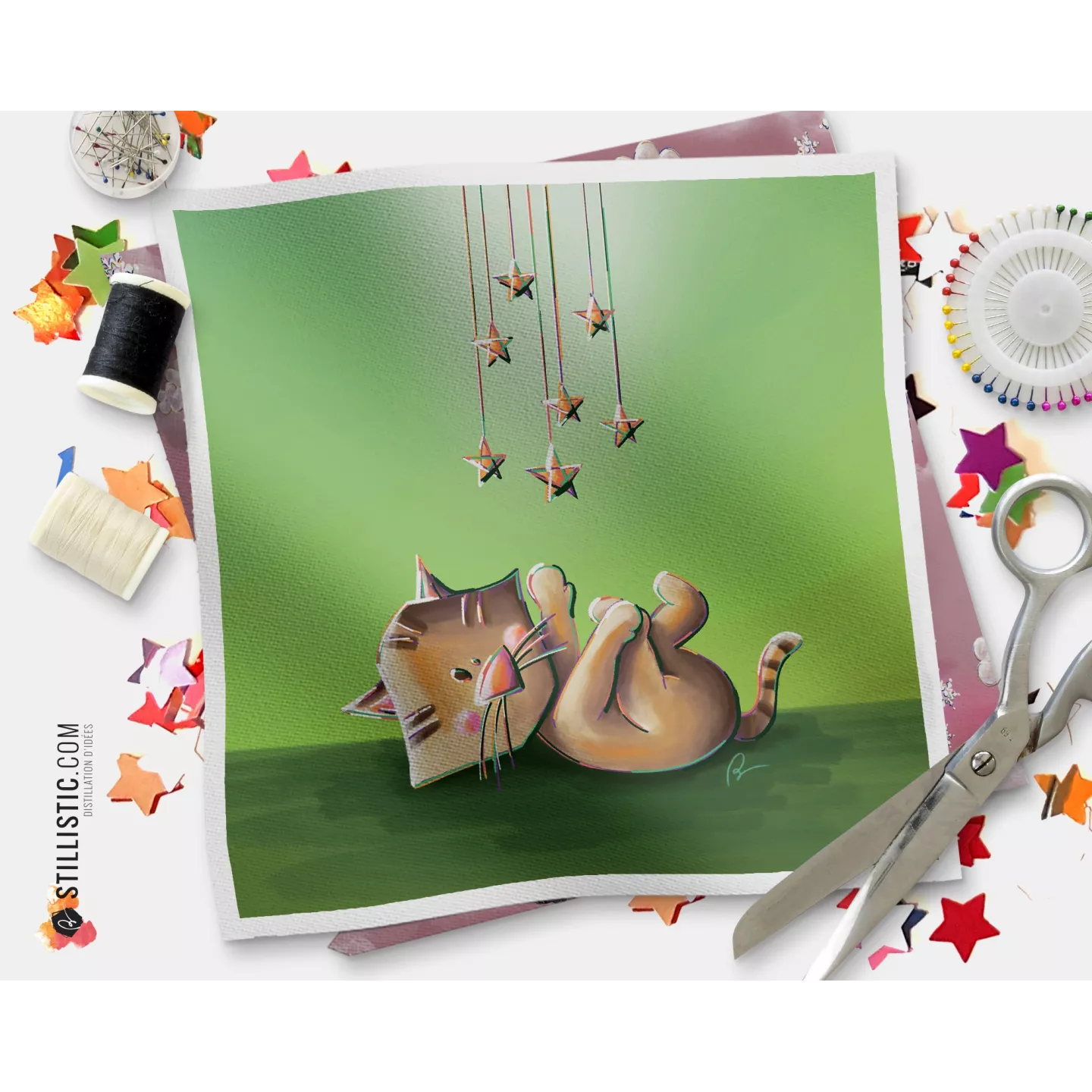 Coupon tissu illustré Chat étoiles coton ou minky