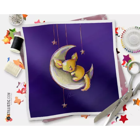 Coupon tissu illustré Fennec lune coton ou minky