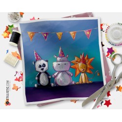 Coupon tissu illustré Panda Hippopotame Lion anniversaire lune coton ou minky