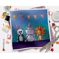 Coupon tissu illustré Panda Hippopotame Lion anniversaire lune coton ou minky