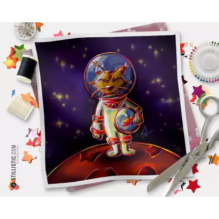 Coupon tissu illustré Lynx astronaute coton ou minky