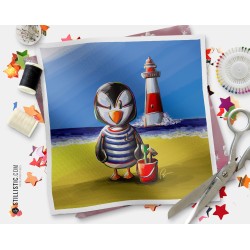 Coupon tissu illustré Macareux bord de mer coton ou minky