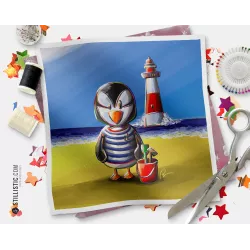 Coupon tissu illustré Macareux bord de mer coton ou minky