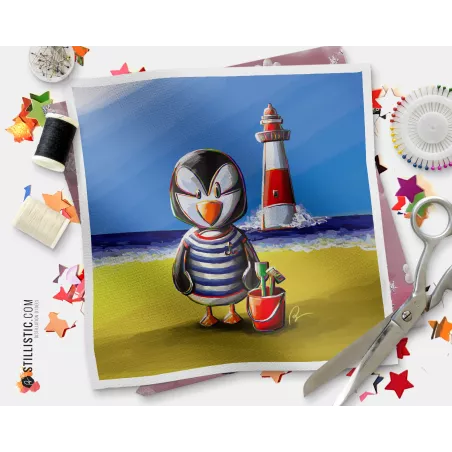 Coupon tissu illustré Macareux bord de mer coton ou minky