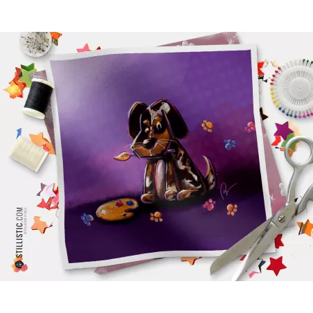 Coupon tissu illustré Chien artiste coton ou minky