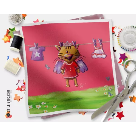 Coupon tissu illustré Chat ange rose coton ou minky